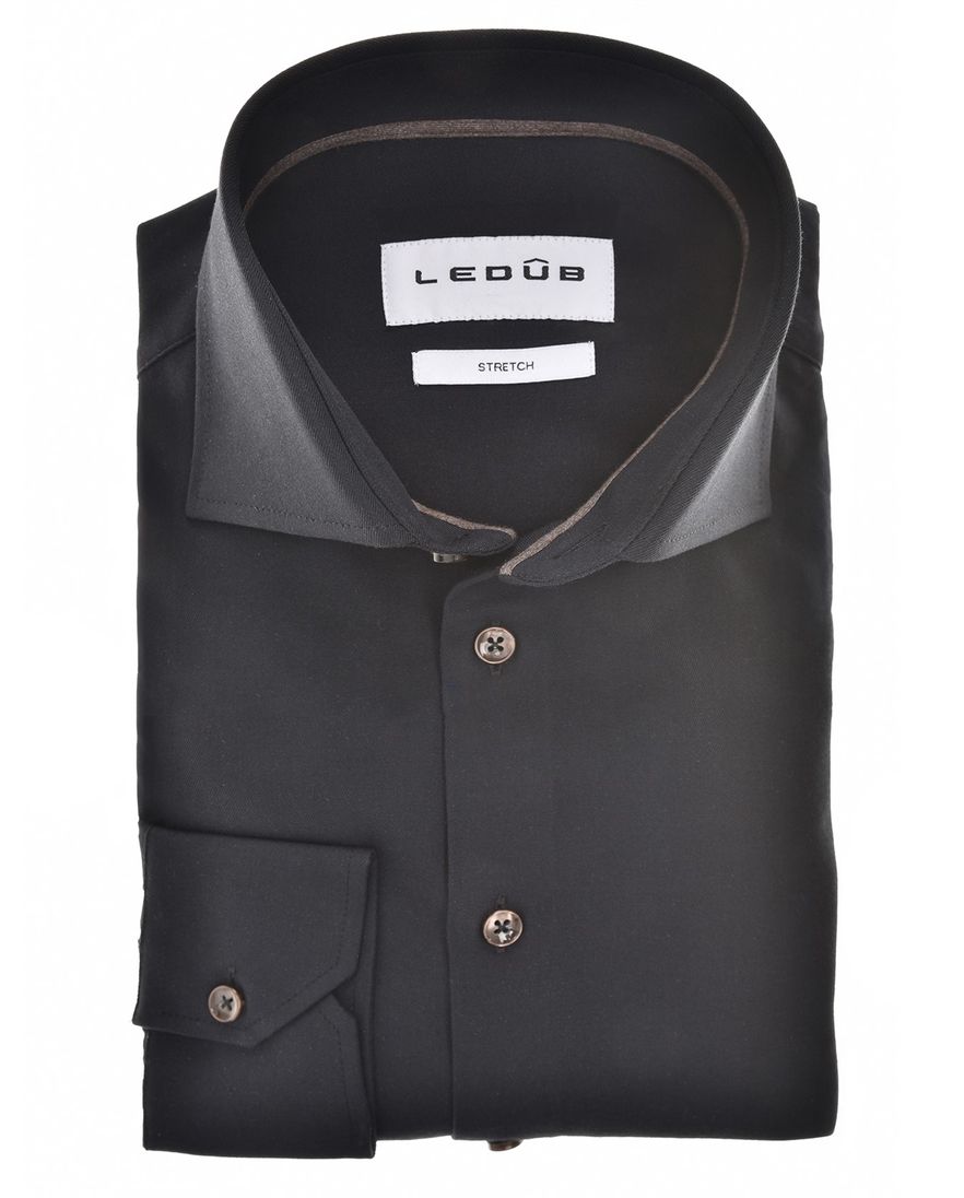 Ledub overhemd zwart effen katoen wide collar