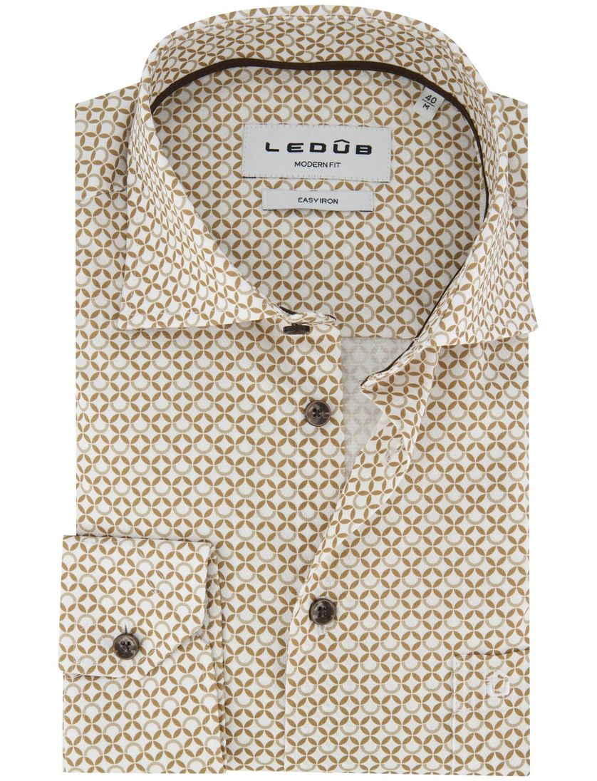 Bruin patroon Ledub Modern Fit overhemd ml 7
