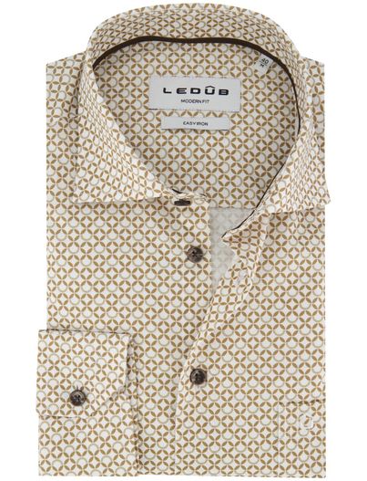 Ledub Overhemd Ledub Modern Fit ml 7 geprint bruin katoen