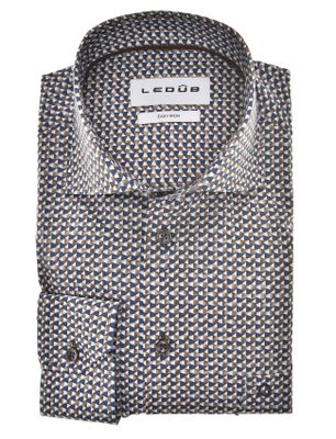 Ledub Ledub overhemd geprint donkerblauw bruin mouwlengte 7