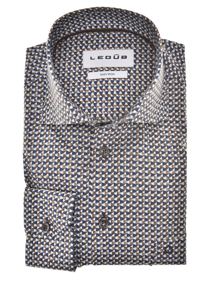 Ledub overhemd geprint donkerblauw bruin mouwlengte 7