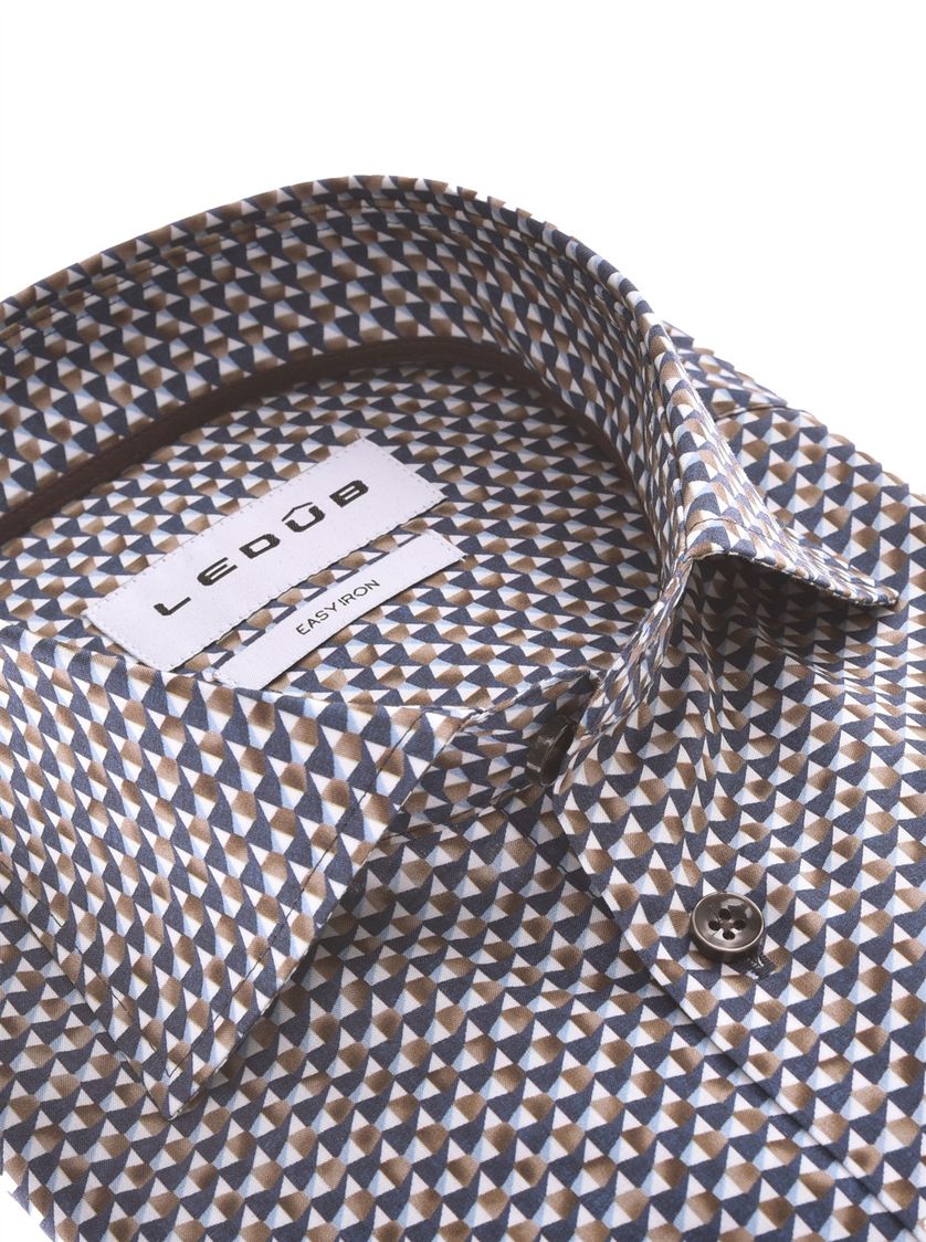 Ledub overhemd geprint donkerblauw bruin mouwlengte 7