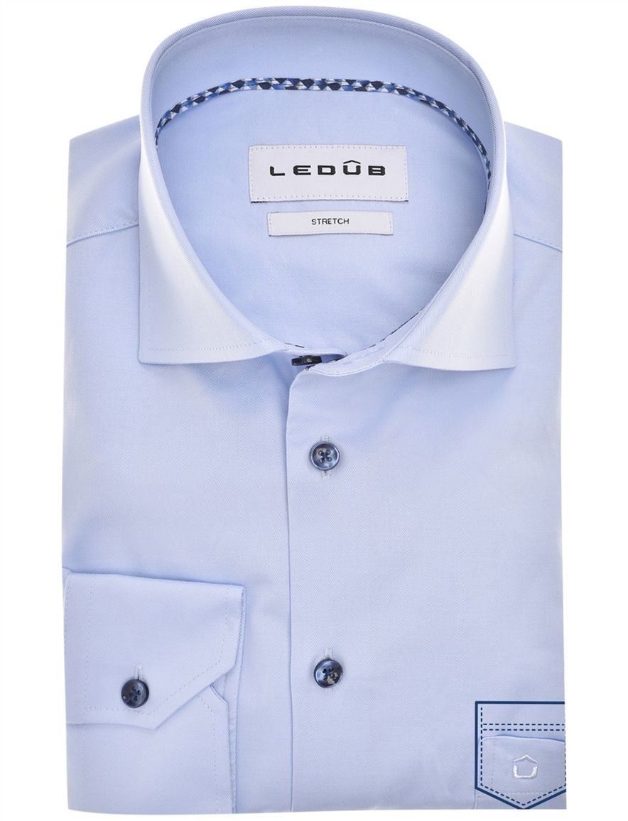 Ledub overhemd effen lichtblauw borstzak