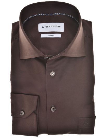 Ledub Overhemd Ledub Modern Fit bruin stretch mouwlengte 7
