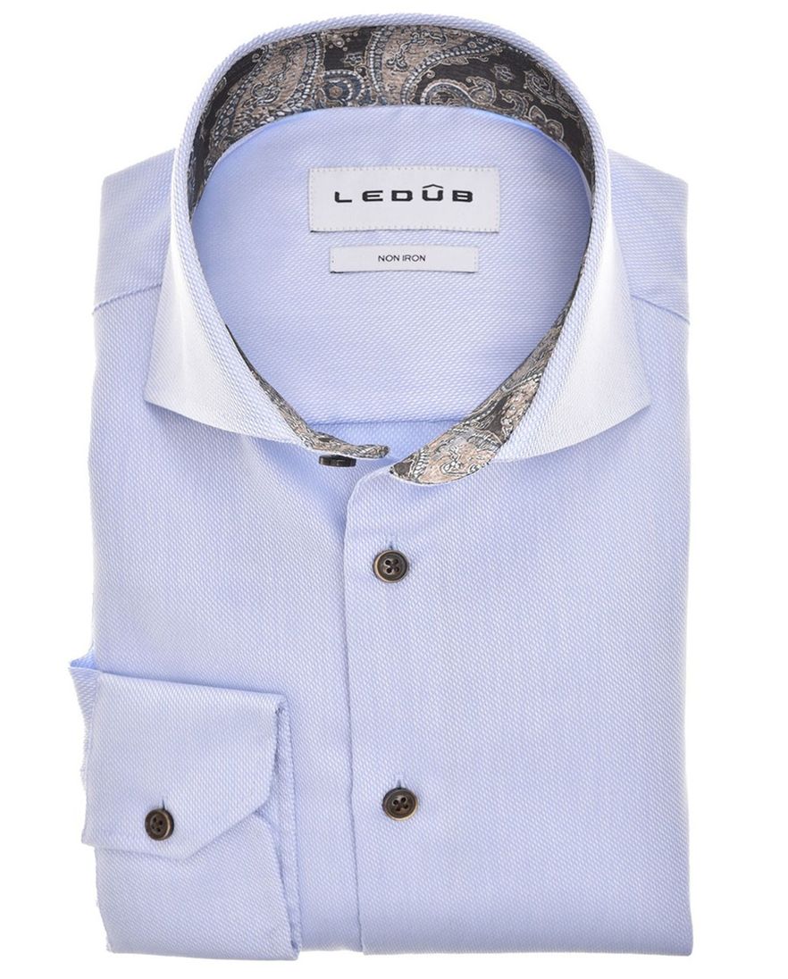 Overhemd Ledub Modern Fit blauw strijkvrij mouwlengte 7
