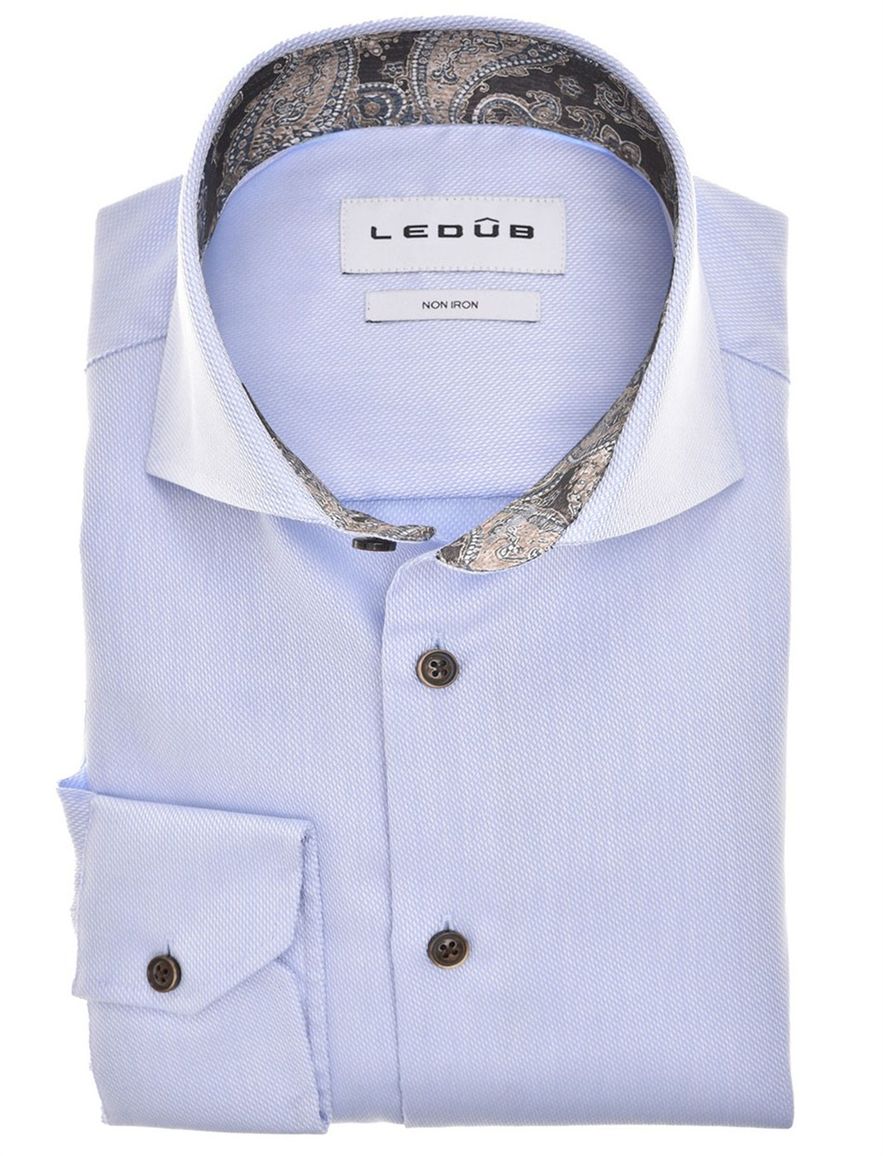 Overhemd Ledub Modern Fit blauw strijkvrij mouwlengte 7
