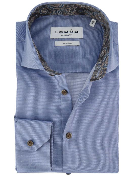 Ledub modern fit overhemd non iron blauw effen katoen ml7