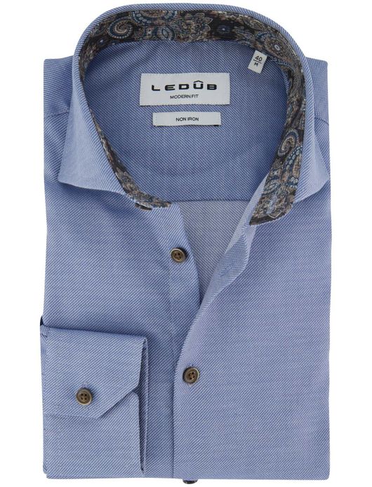 Ledub modern fit overhemd non iron blauw effen ml7 wide collar