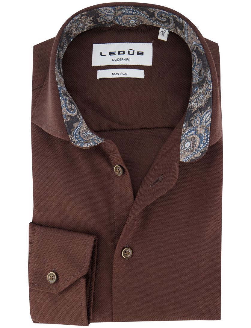 Ledub overhemd bruin katoen effen