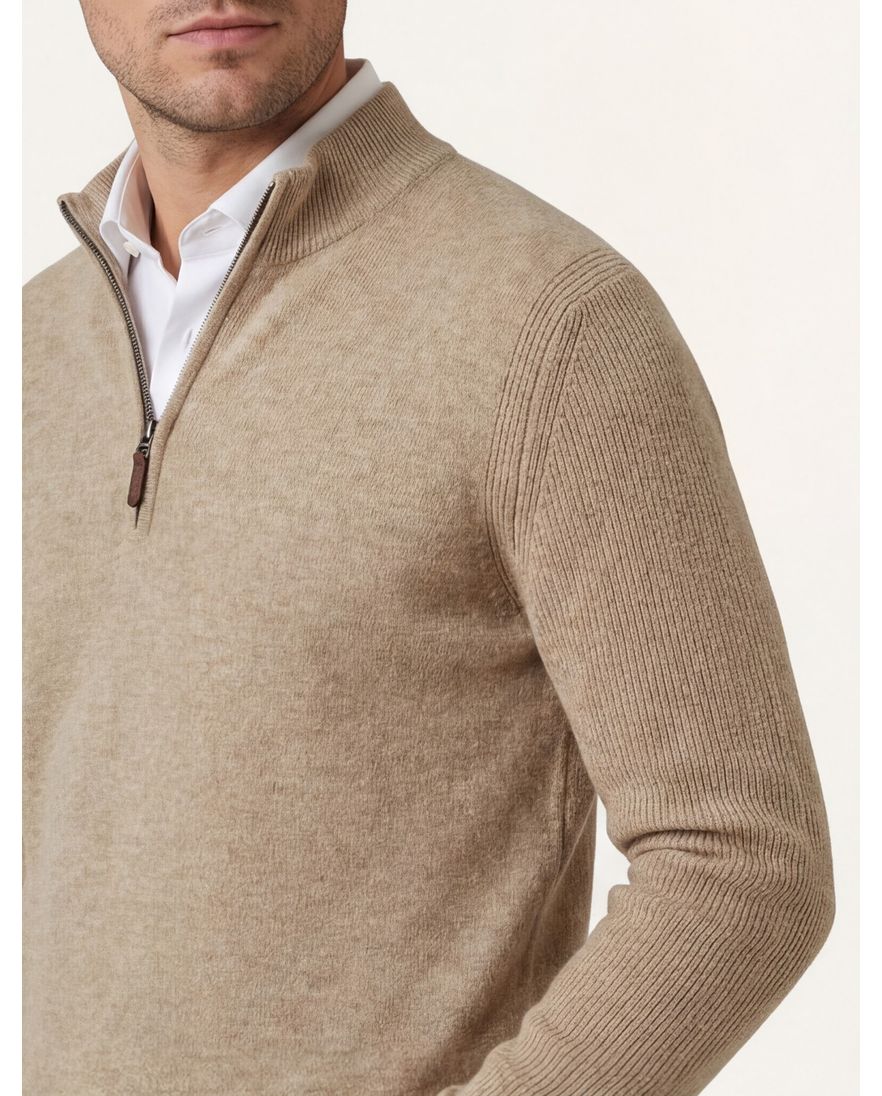 Brax trui half zip beige scheerwol en kasjmier