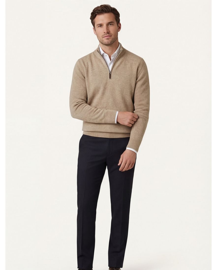 Brax trui half zip beige scheerwol en kasjmier