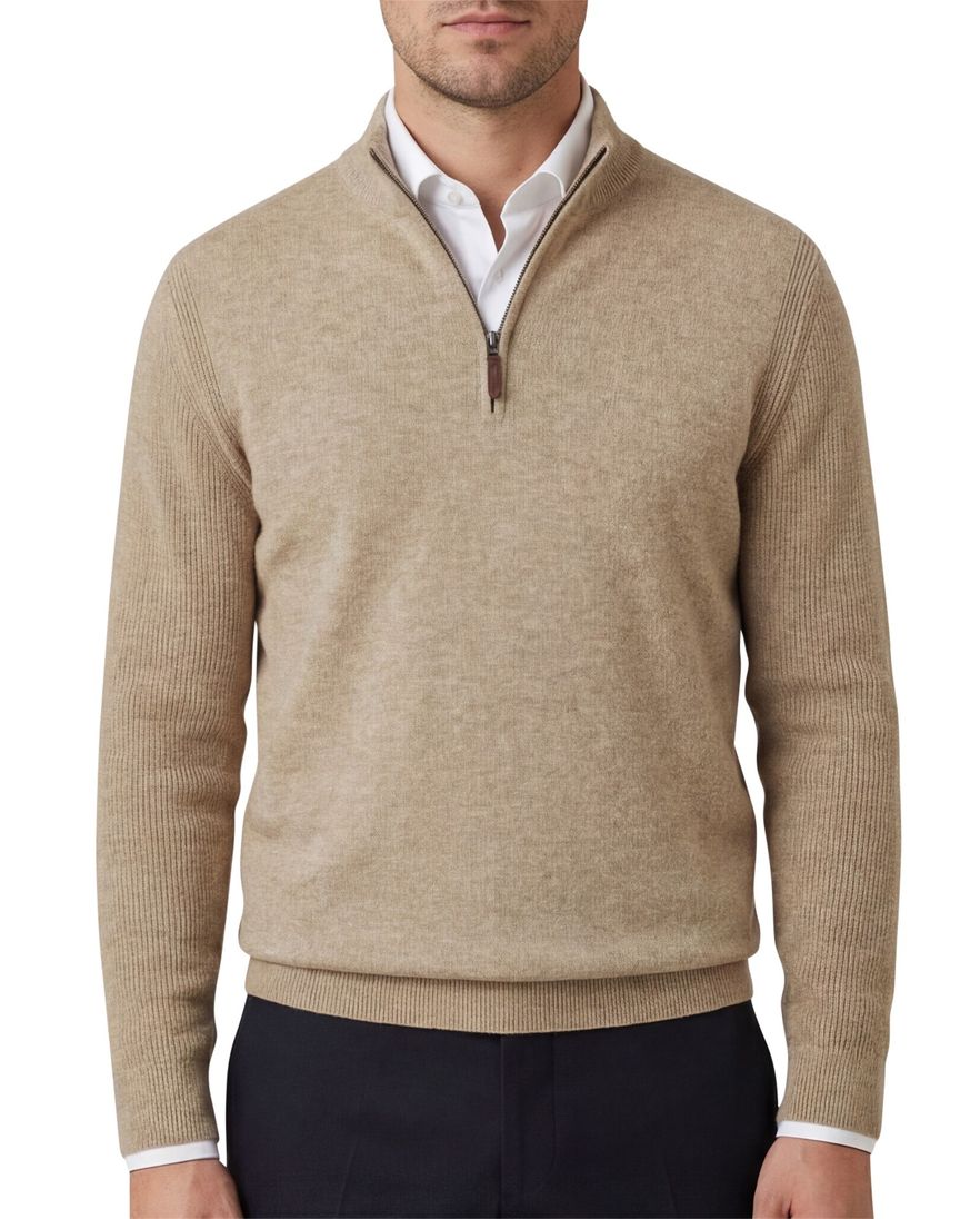 Brax trui half zip beige scheerwol en kasjmier
