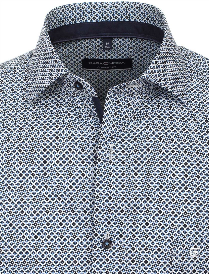 donkerblauw geprint Casa Moda comfort fit overhemd mouwlengte-7