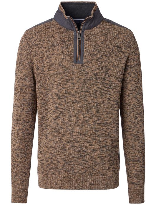 Casa Moda trui half zip bruin gemeleerd 100% katoen