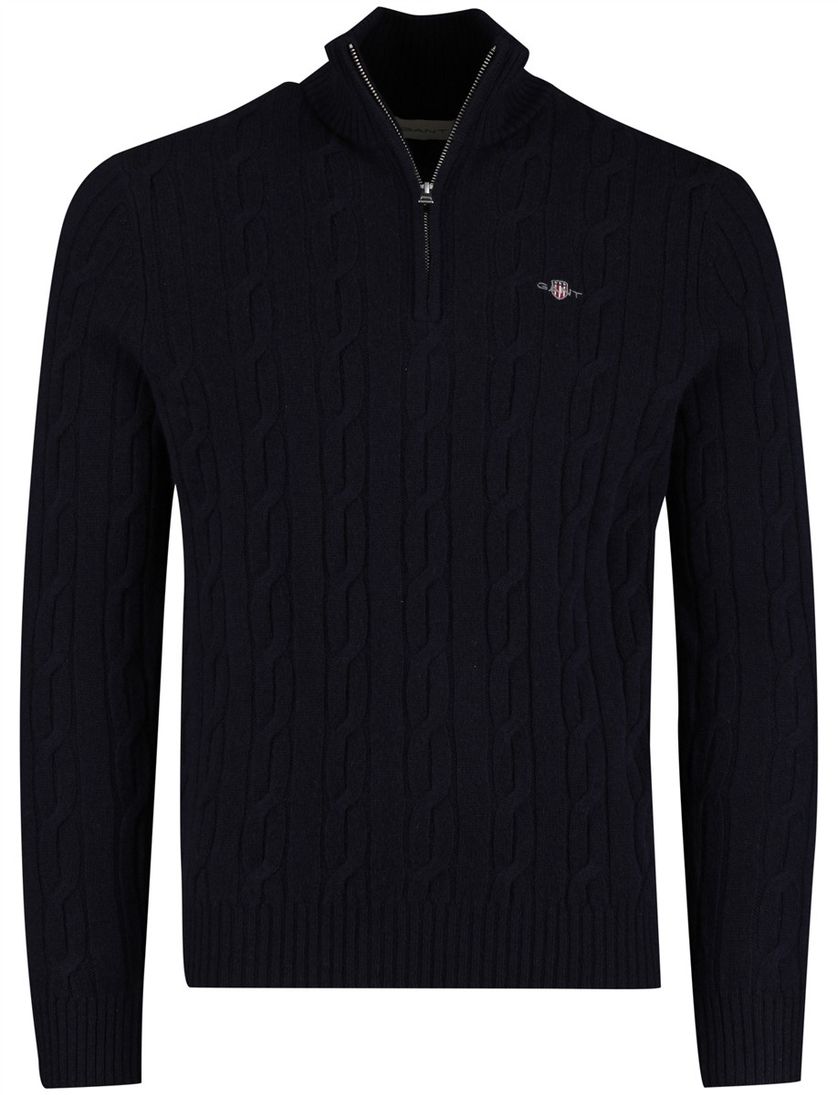 Gant Trui Donkerblauw kabeltrui Half zip met boord