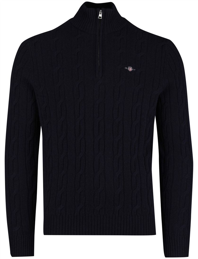 Gant Trui Donkerblauw kabeltrui Half zip met boord