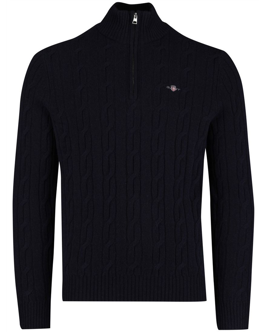 Gant Trui Half Zip Donkerblauw kabeltrui 100% lamswol