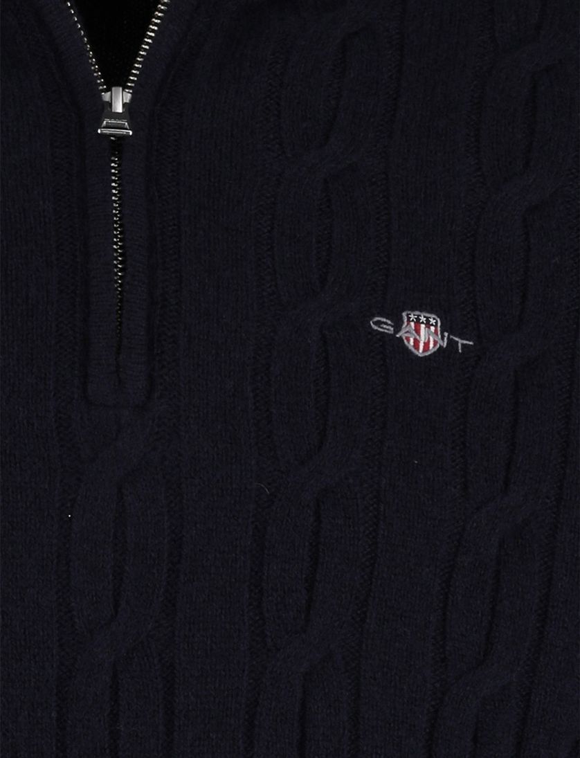 Gant Trui Donkerblauw kabeltrui Half zip met boord