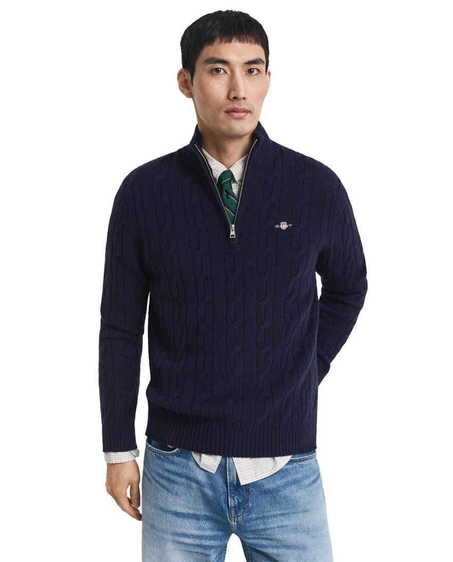 Gant Trui Half Zip Donkerblauw kabeltrui 100% lamswol