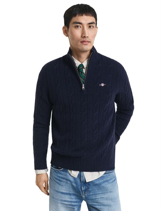 Gant Trui Half Zip Donkerblauw kabeltrui wol