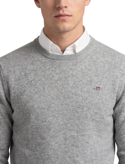 Gant Gant trui grijs gemeleerd ronde hals lamswol met boord