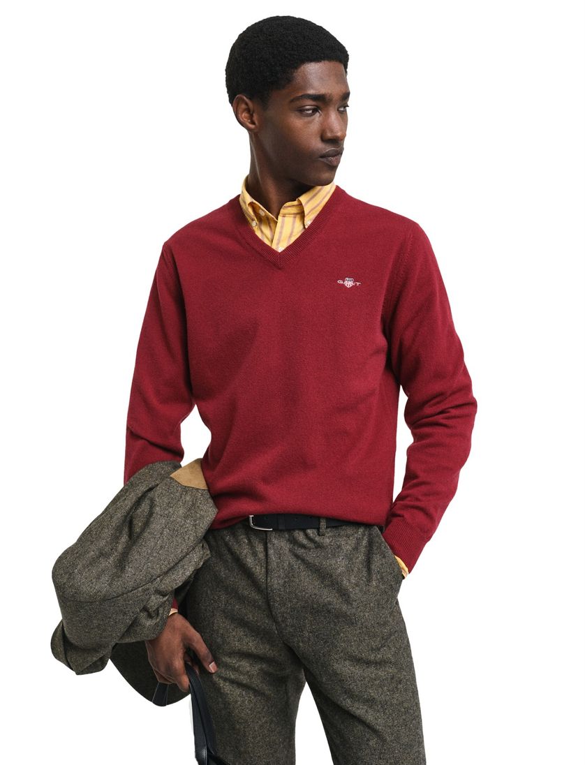 Gant trui bordeaux gebreid v hals lamswol lange mouw
