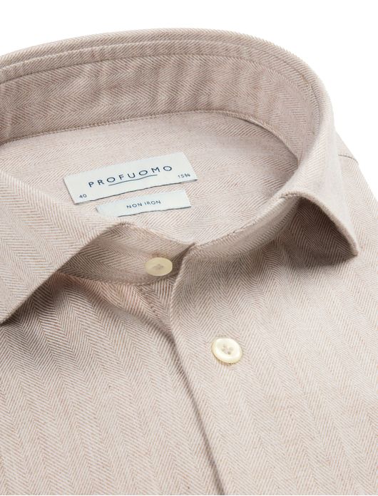 Profuomo overhemd beige gemeleerd strijkvrij