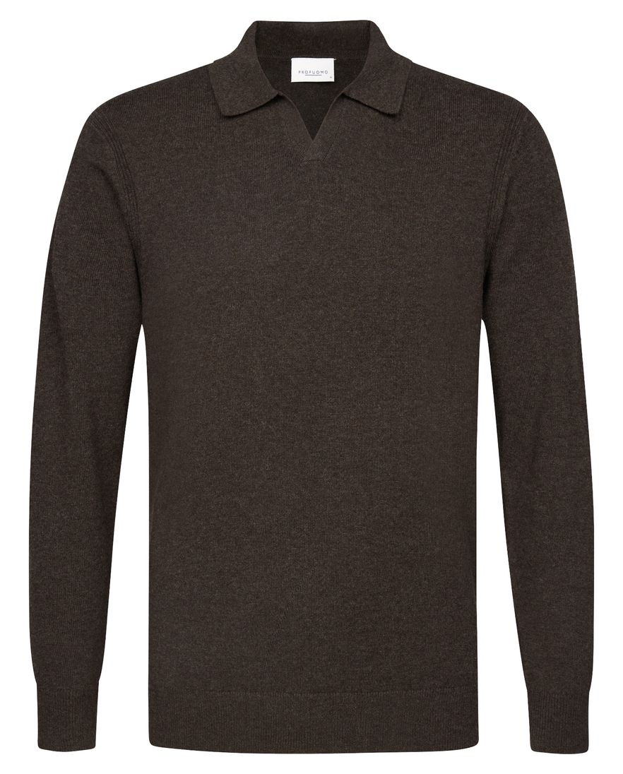 Profuomo polo lange mouw bruin v-hals