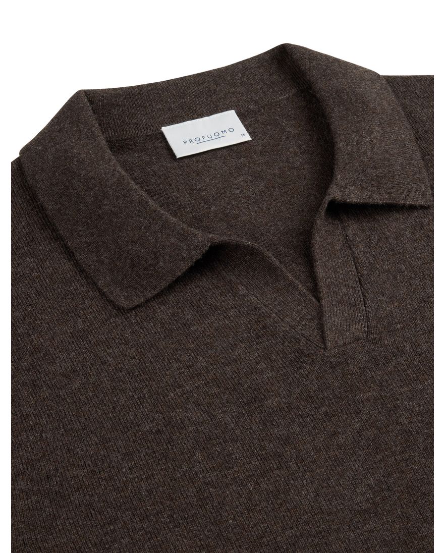 Profuomo polo lange mouw bruin v-hals