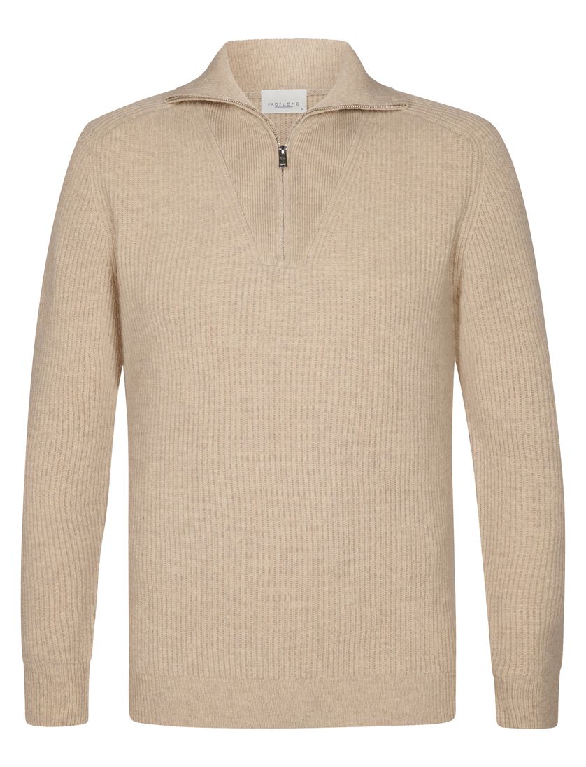 Gebreide trui Profuomo beige half zip effen