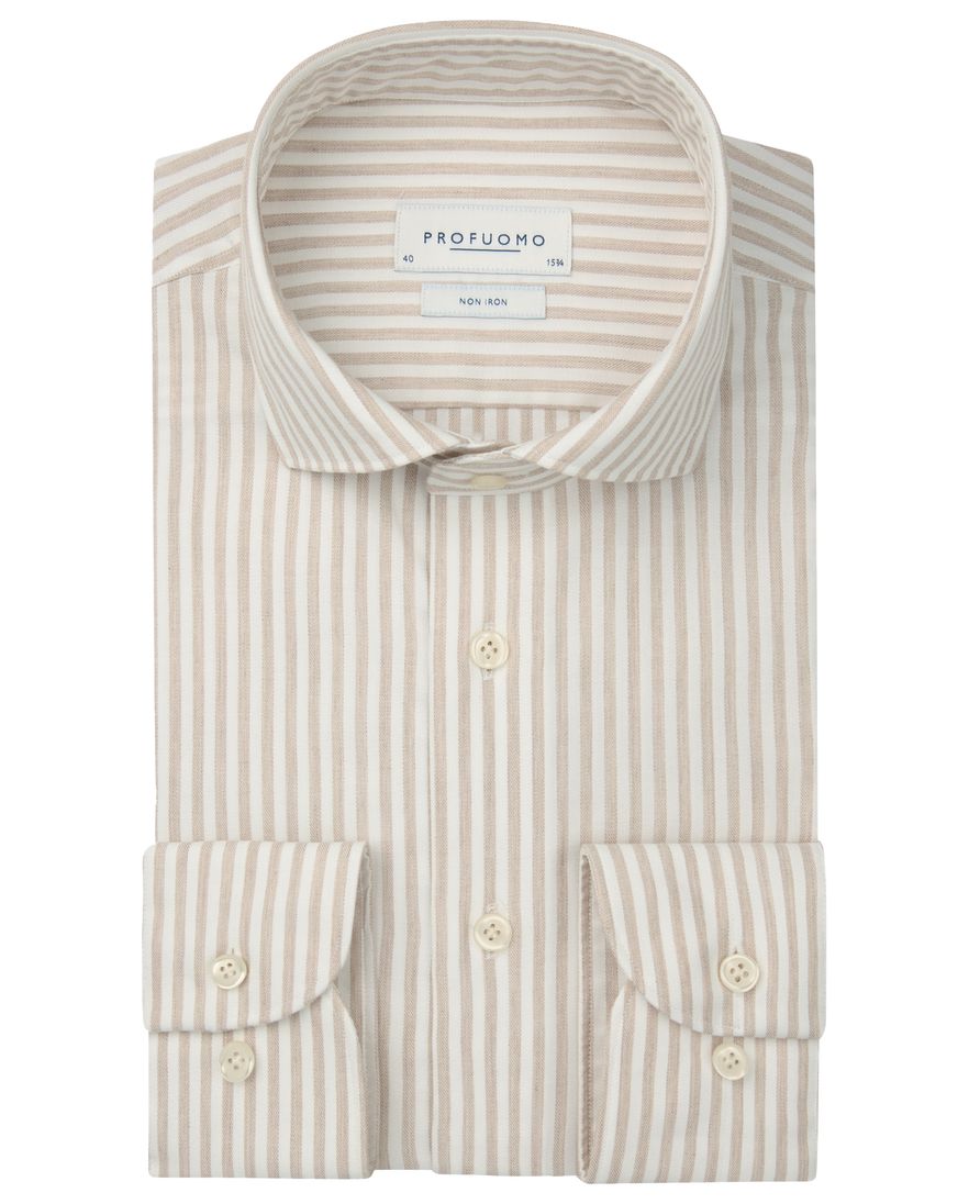 Profuomo overhemd gestreept beige strijkvrij