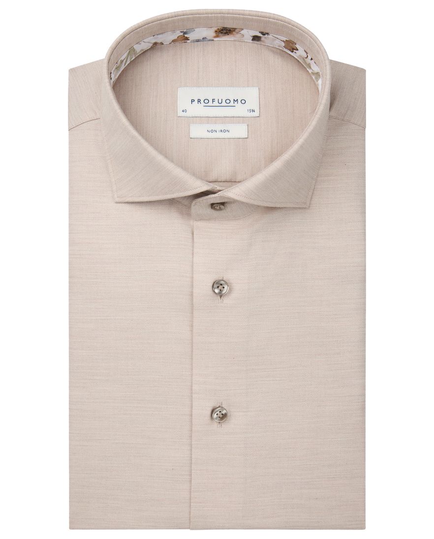 Profuomo overhemd beige strijkvrij wide collar