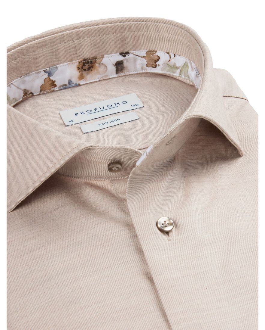 Profuomo overhemd beige strijkvrij wide collar