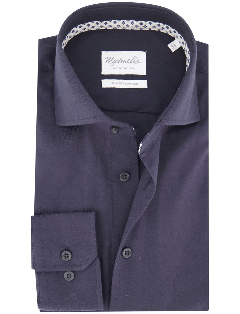 Michaelis overhemd effen donkerblauw slim fit strijkvrij