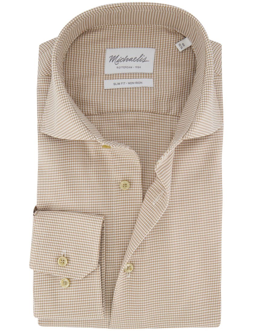 Beige strijkvrij overhemd slim fit Michaelis geruit
