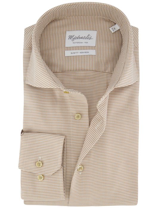Michaelis slim fit strijkvrij geruit beige overhemd
