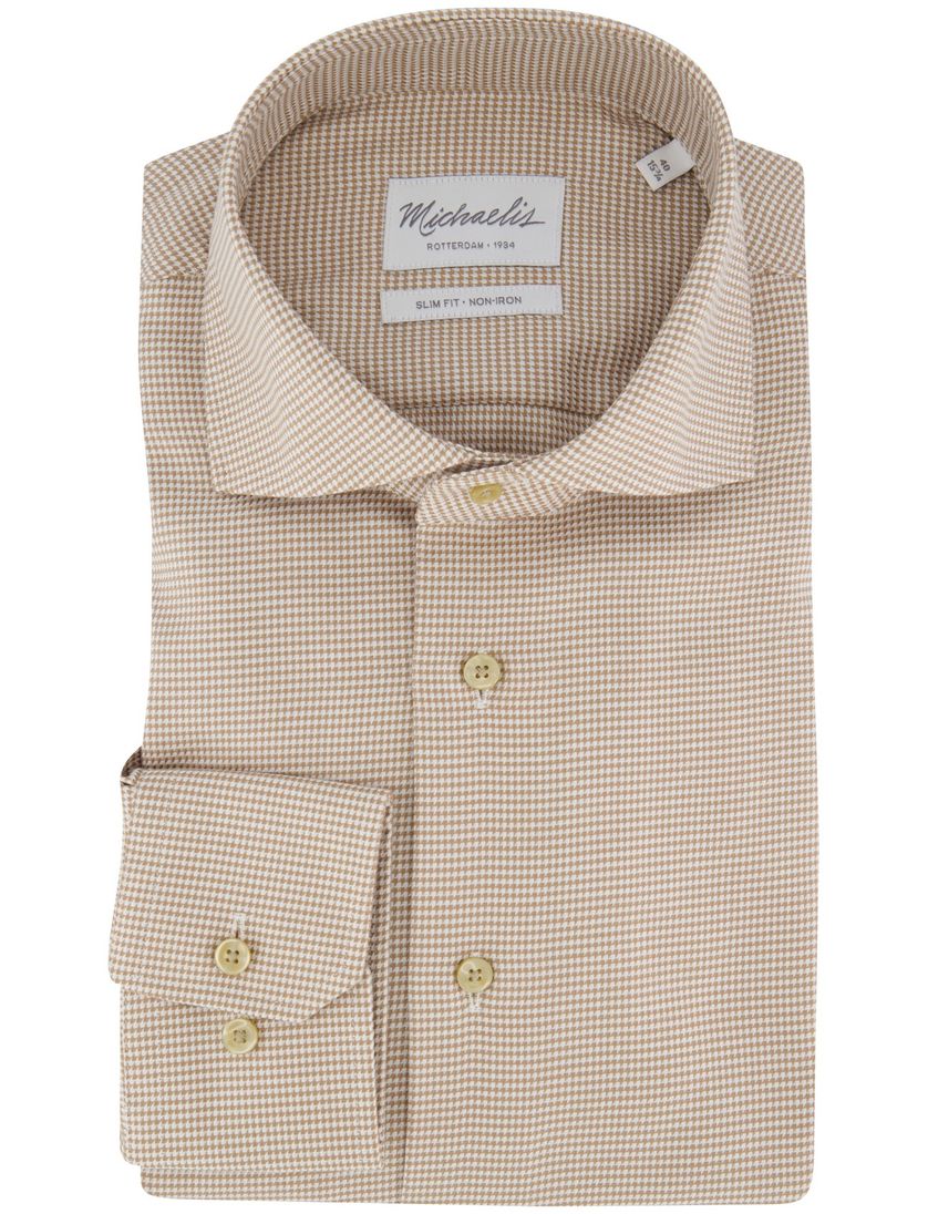 Beige strijkvrij overhemd slim fit Michaelis geruit