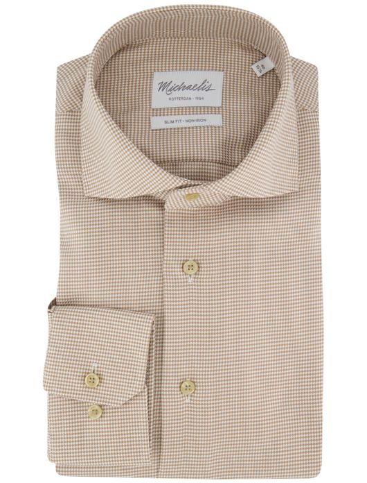 Michaelis slim fit strijkvrij geruit beige overhemd