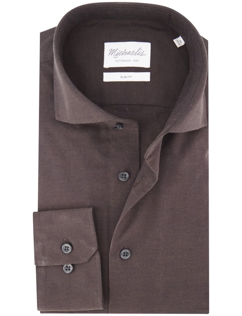 katoenen Michaelis overhemd bruin slim fit effen