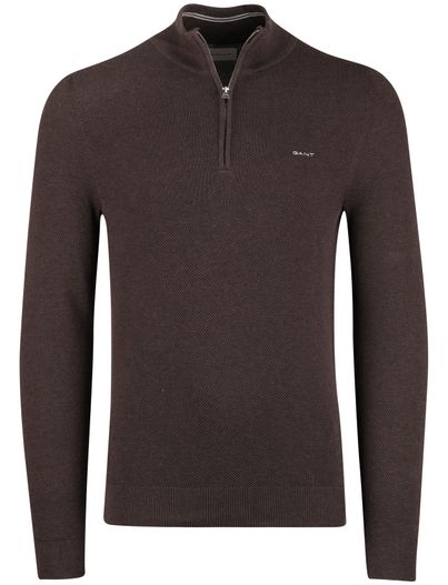 Gant Gant trui bruin effen half zip katoen normale fit