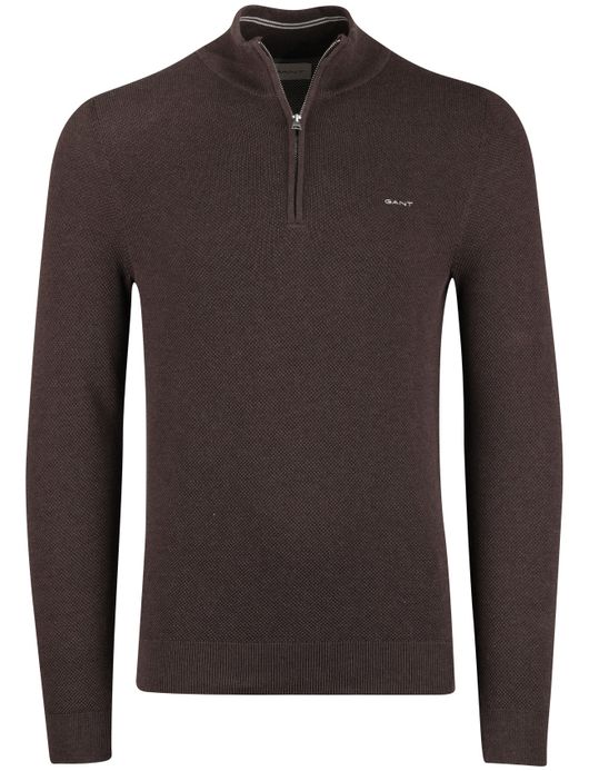 Gant trui half zip bruin effen katoen normale fit