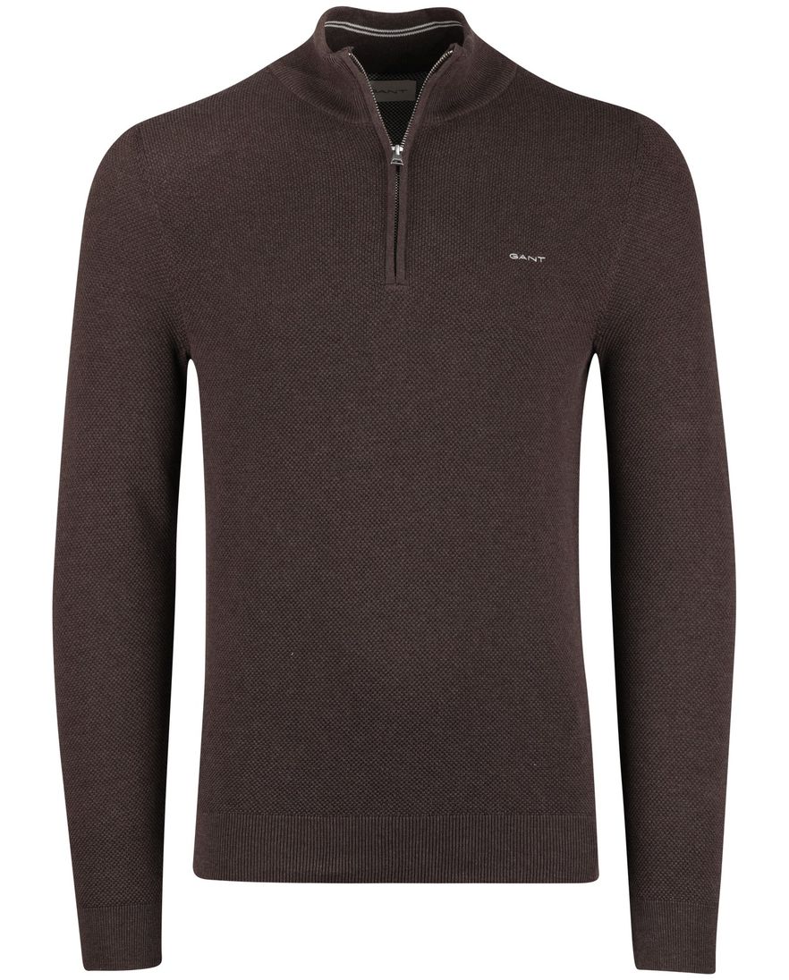 Gant trui half zip bruin effen katoen normale fit