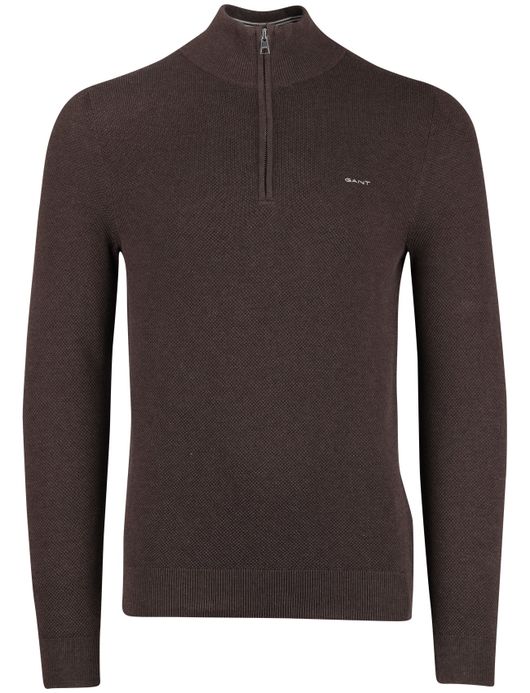 Gant trui half zip bruin effen katoen normale fit