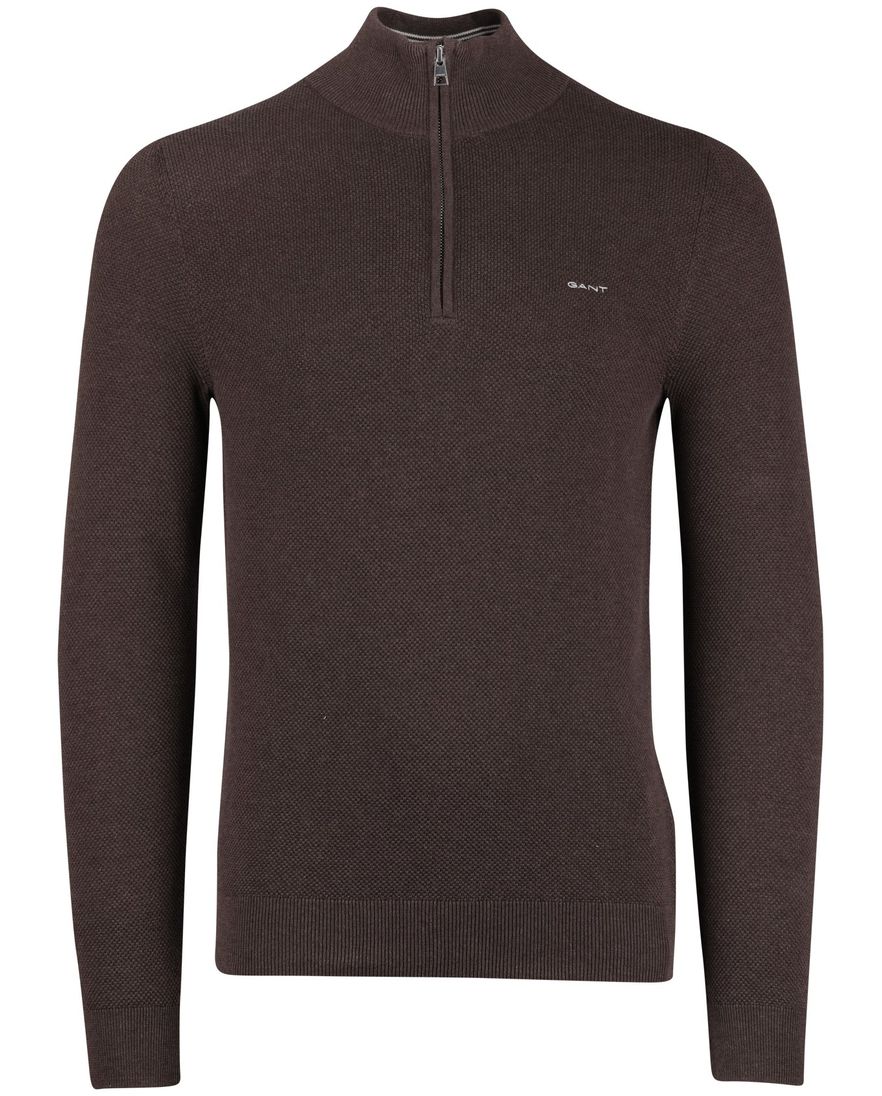 Gant trui half zip bruin effen katoen normale fit
