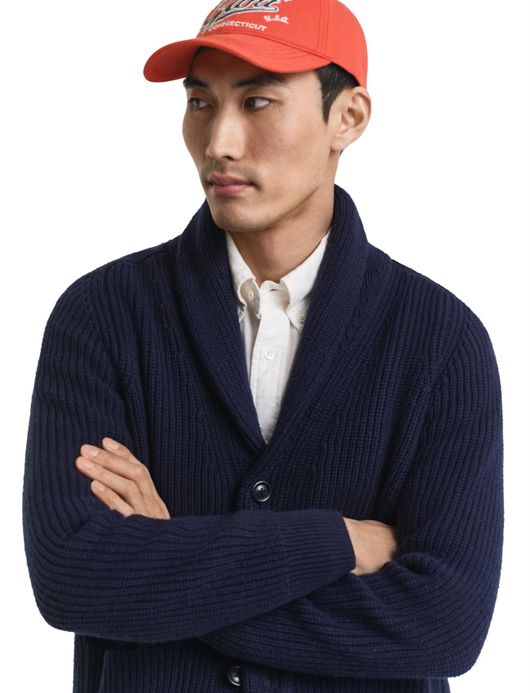 Gant Vest Donkerblauw gebreid omgeslagen kraag knopen