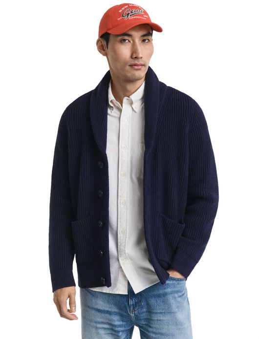 Gant Vest Donkerblauw gebreid omgeslagen kraag knopen