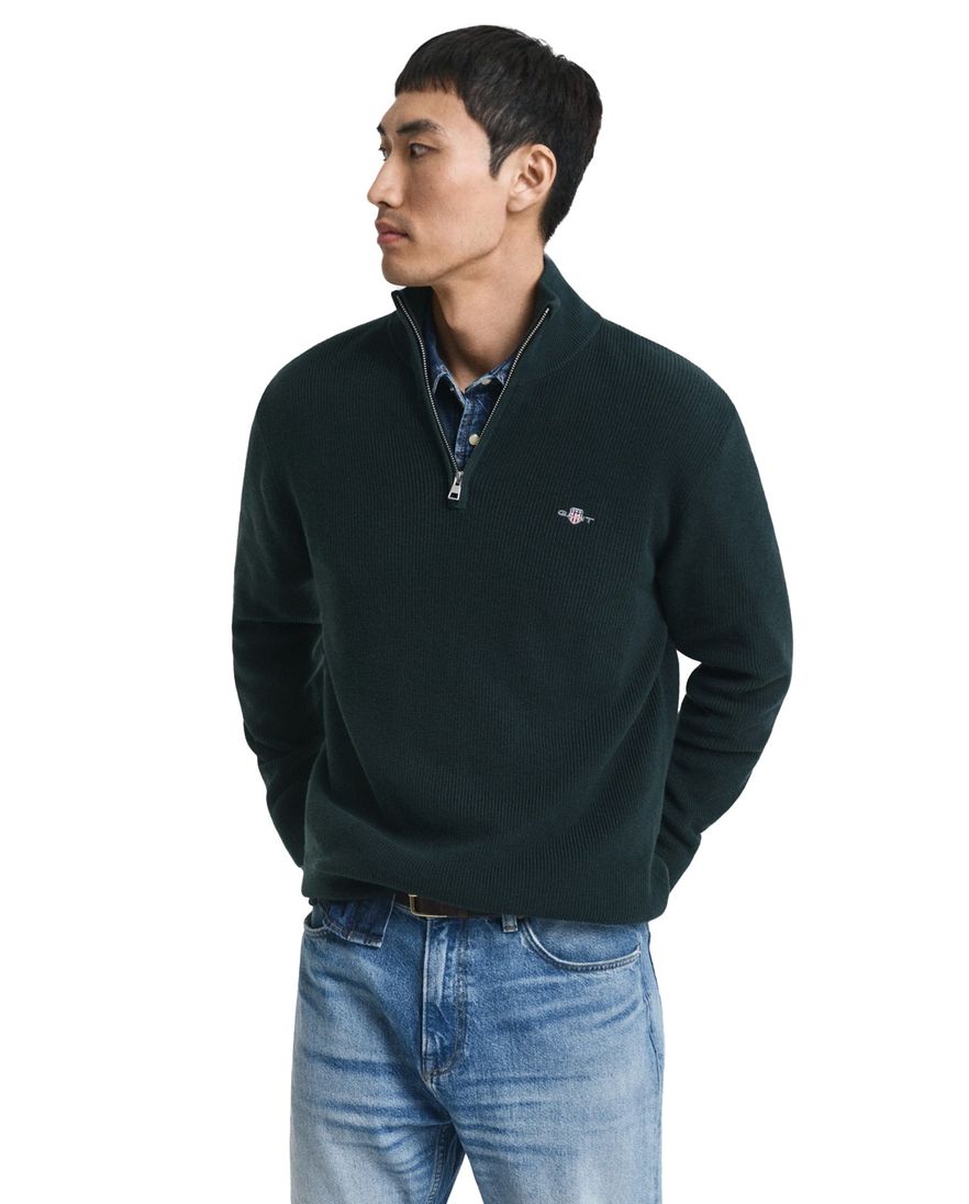 Gant trui groen effen normale fit katoen half zip