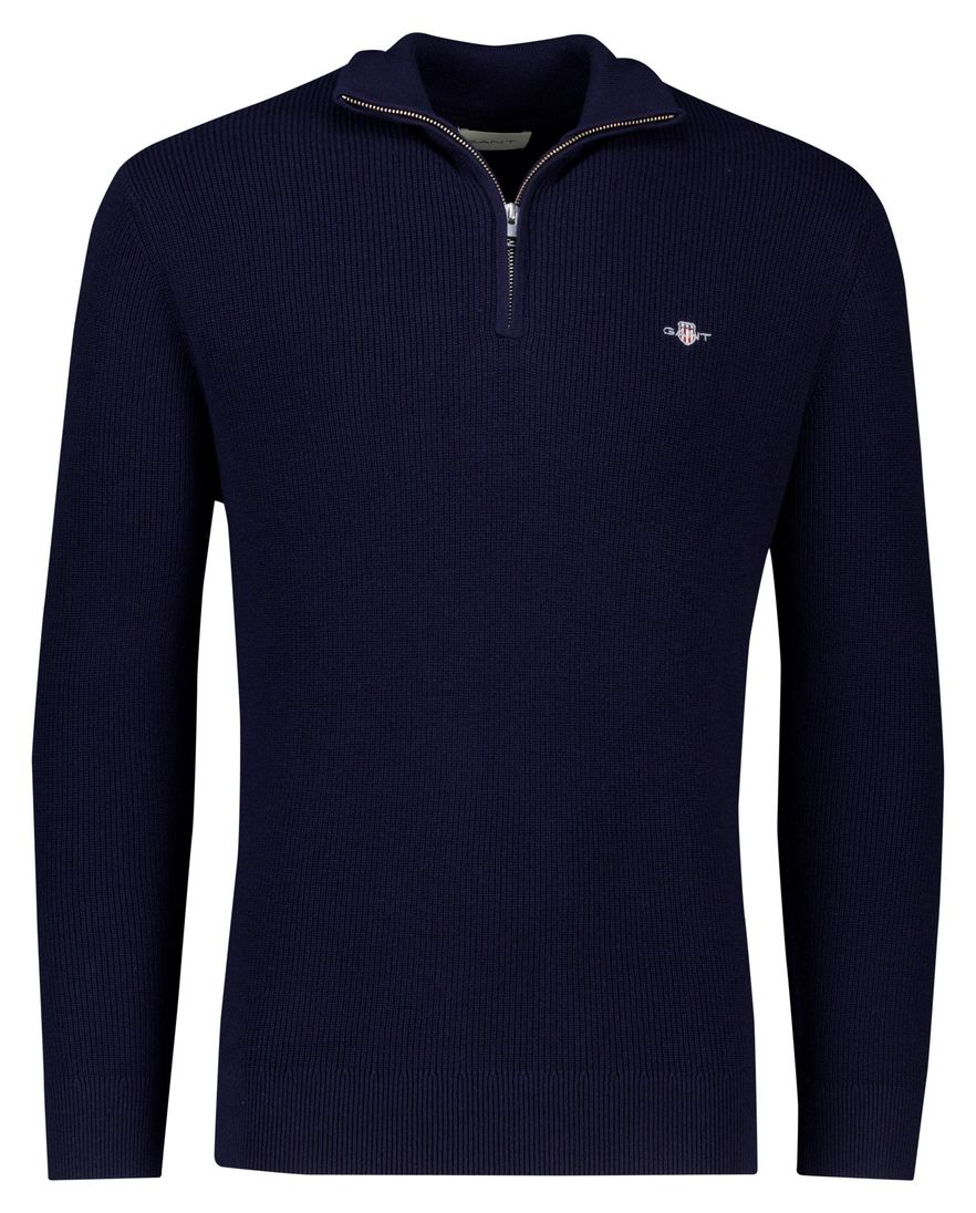 Gant trui donkerblauw effen gebreid normale fit half zip