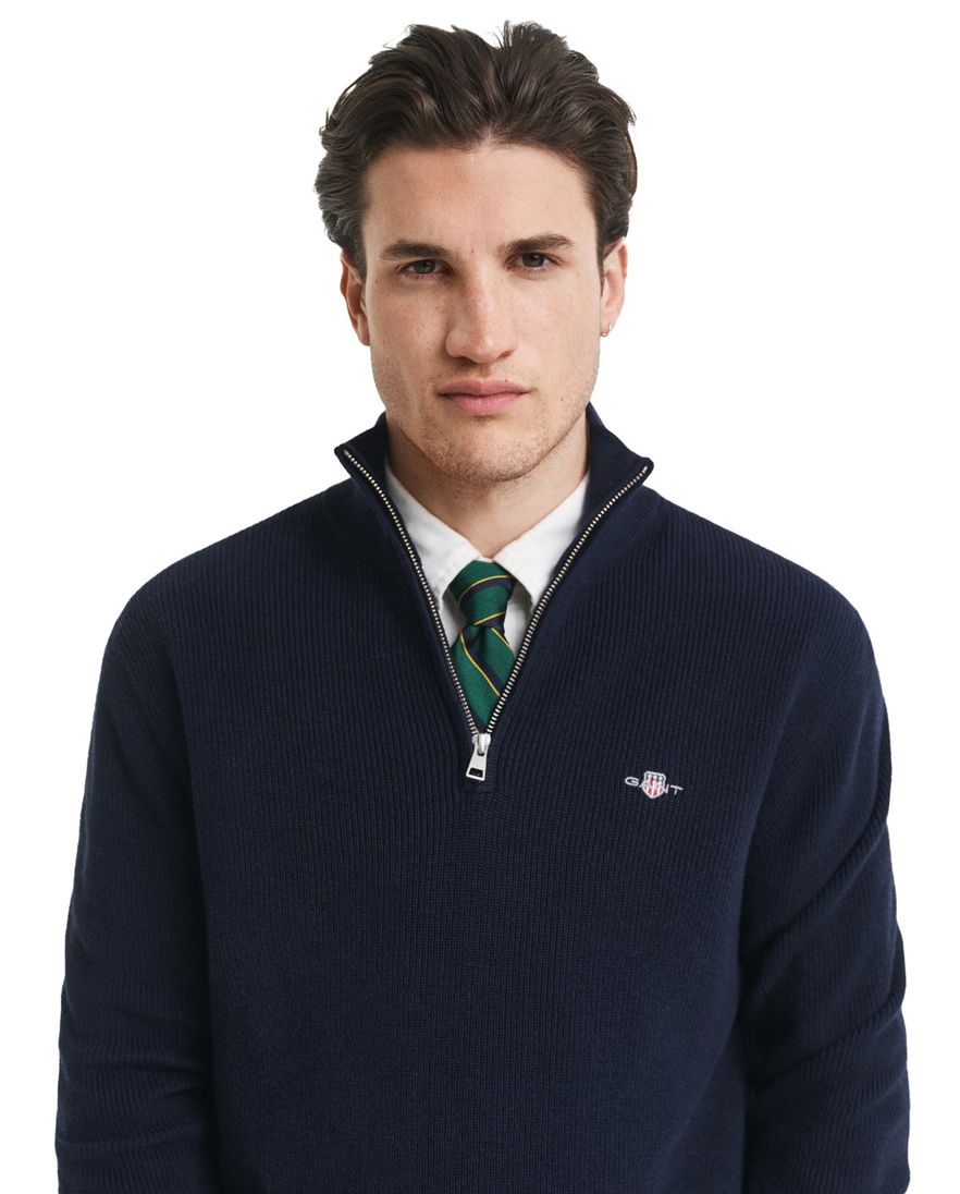Gant trui donkerblauw effen gebreid normale fit half zip