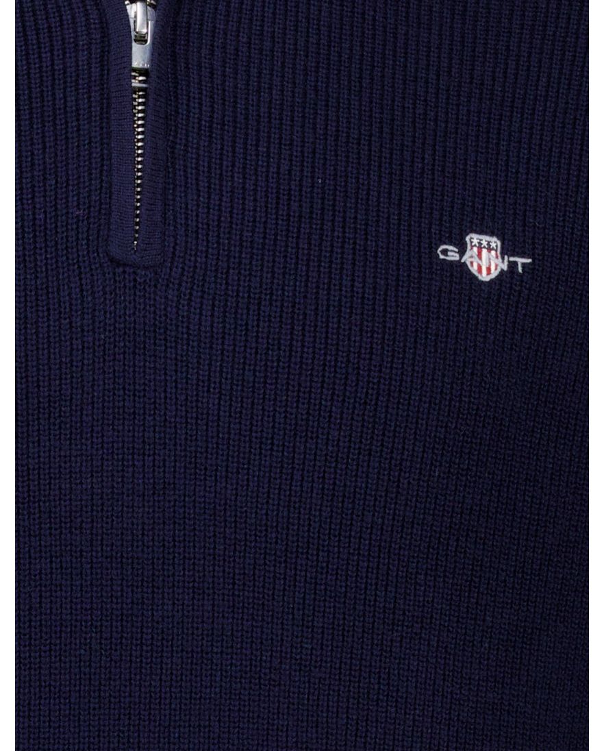 Gant trui donkerblauw effen gebreid normale fit half zip